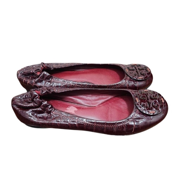 Tory Burch Reva Croc Embossed Patent Slip On Ballet Flats Size 6 Burgundy Red - Picture 7 of 11